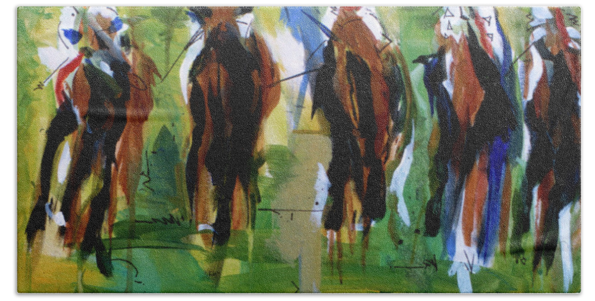 Kentucky Horse Racing Bath Towel featuring the painting Fast Five by John Gholson