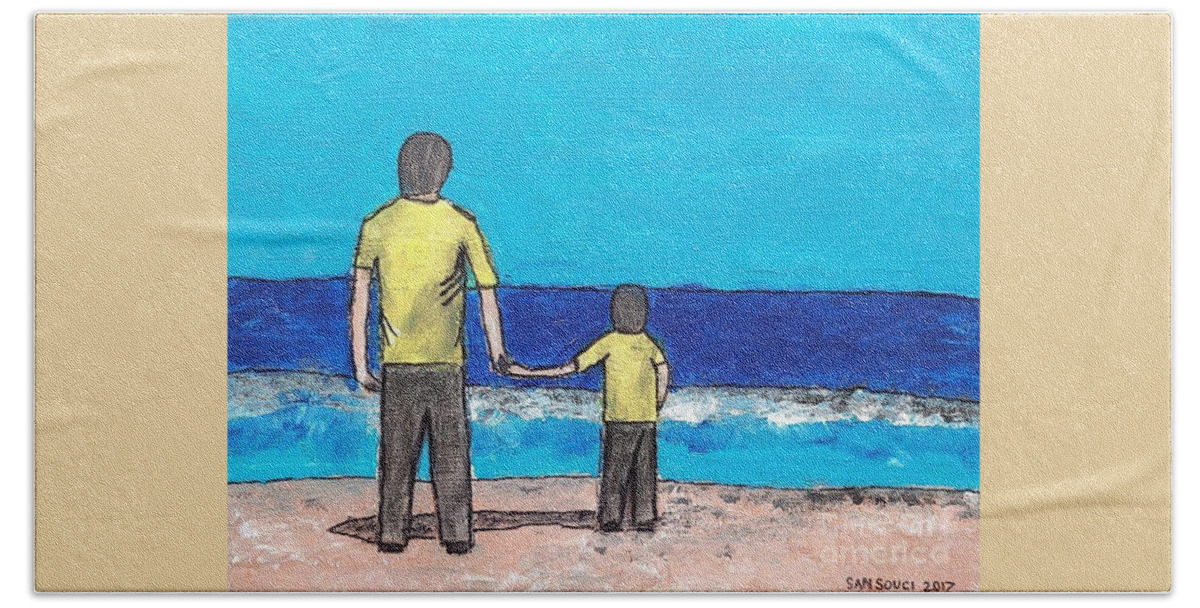  Hand Towel featuring the painting The Father Son at the Beach by Mark SanSouci