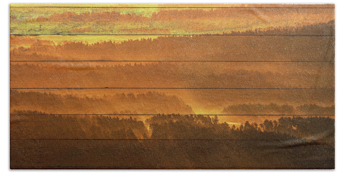 Sunset Bath Towel featuring the photograph Faux Wood Golden Mist Valley - Hills and Mountain Range Rustic Landscape Photo by PIPA Fine Art - Simply Solid