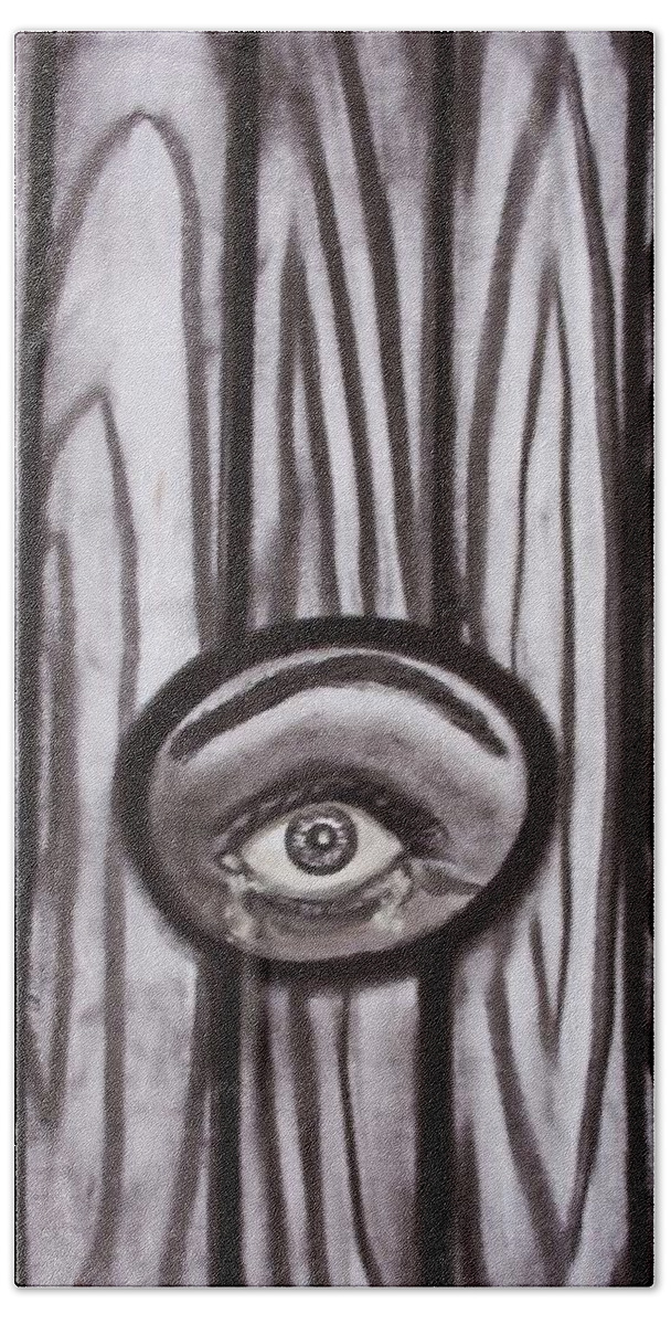 Eye Bath Towel featuring the drawing Fear - Eye through fence by Joan Stratton