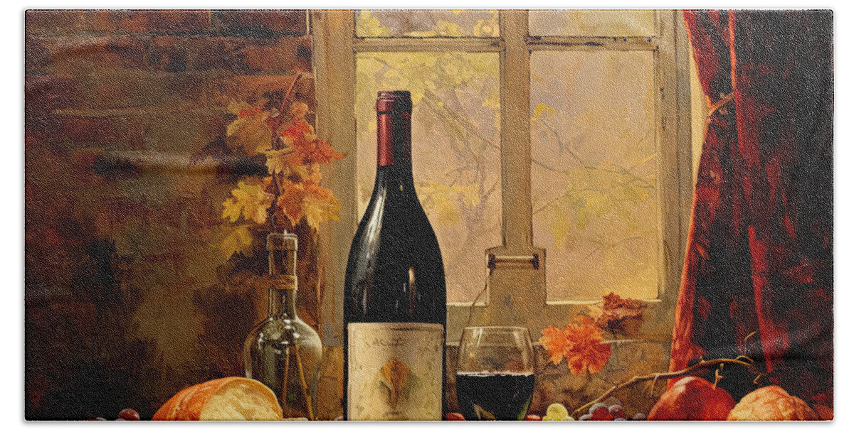 Wine Hand Towel featuring the digital art Feast in the Past - Kitchen Still Life Art by Lourry Legarde
