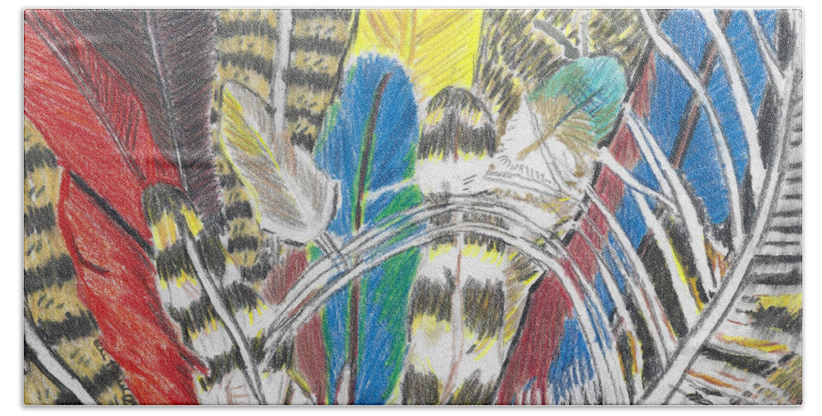 Feathers Hand Towel featuring the drawing Feathers Colorful Hand Drawn Colored Pencil Drawing of Bird Plumage by Ali Baucom