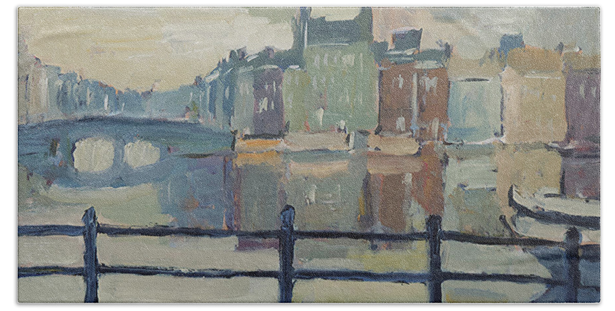 A Cold February Morning Along The Amstel In Amsterdam. Bath Towel featuring the painting February Morning along the Amstel by Nop Briex