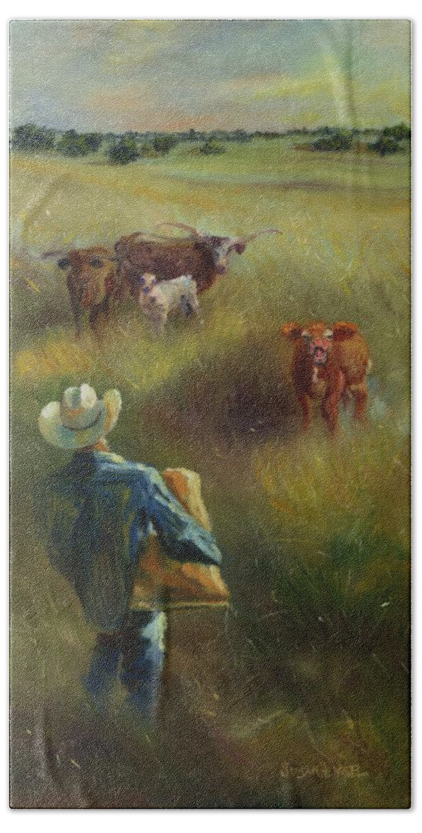Western Bath Towel featuring the painting Feeding Time Left Side by Susan Hensel