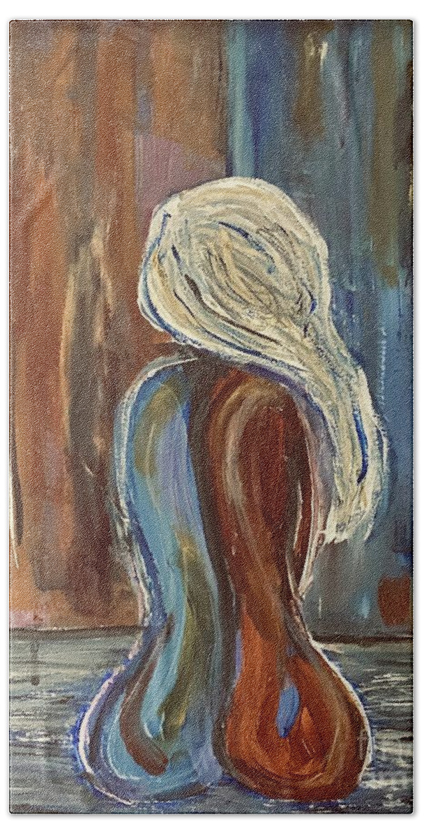 Woman Exposed Red Blue Bath Towel featuring the painting Feeling Exposed by Kathy Bee
