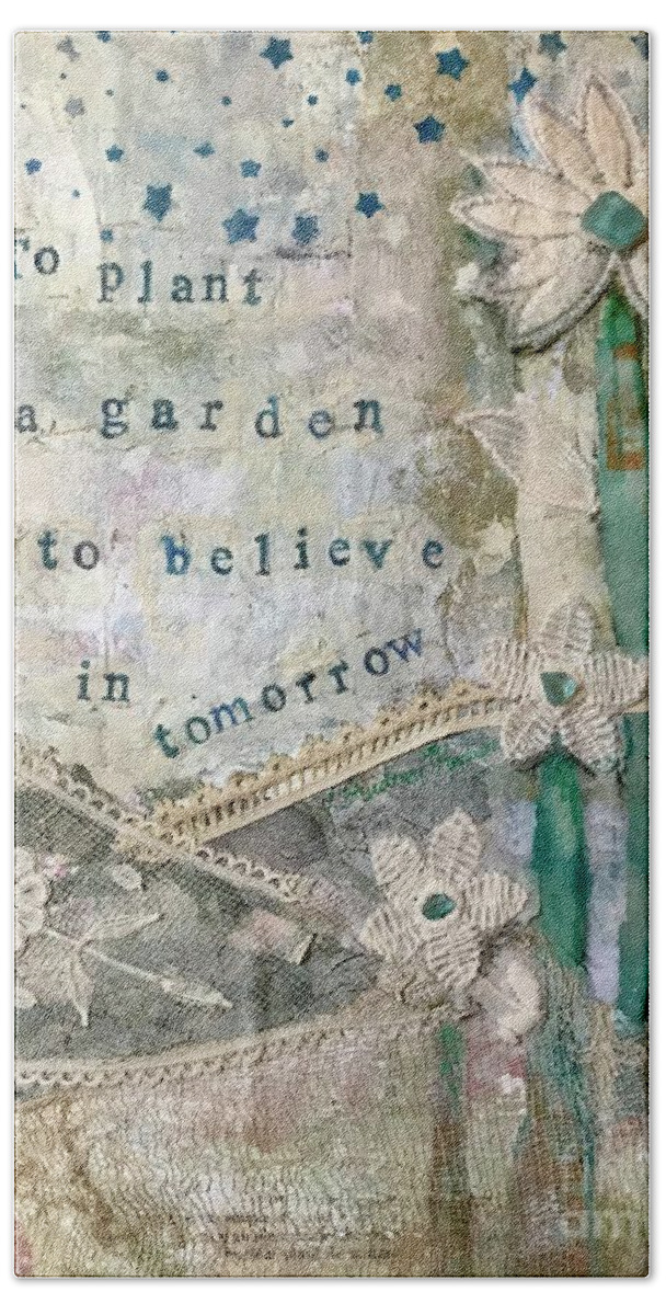 Garden Collage Bath Towel featuring the painting Garden collage with vintage lace and flowers by Diane Fujimoto