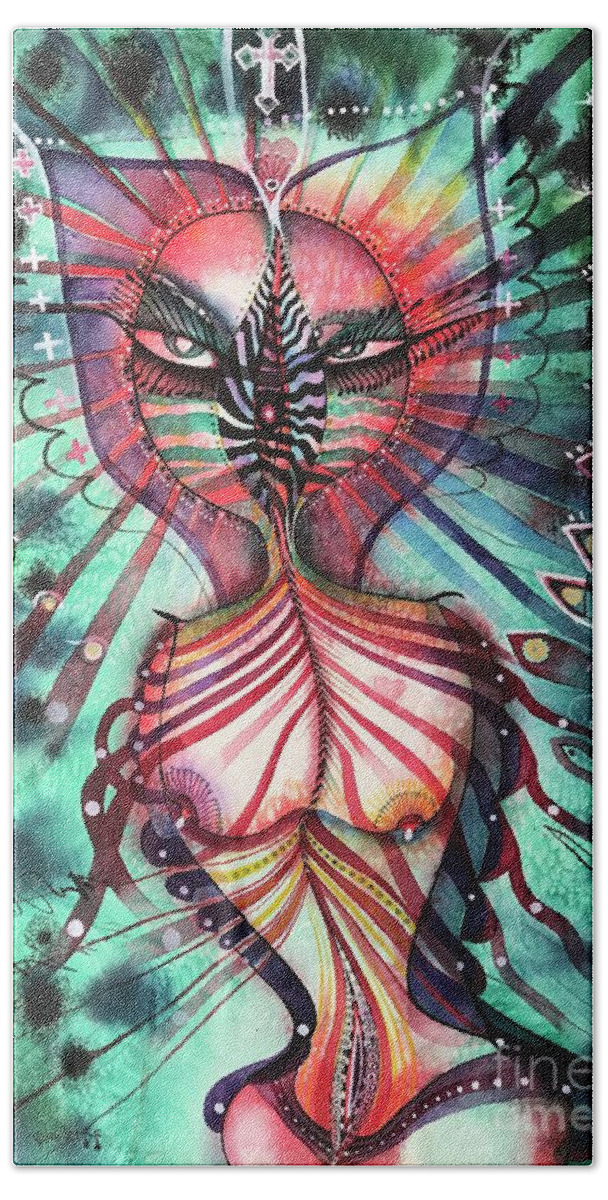 #felinegalaxygoddess #watercolor #painting #iconseries #fantasyart #alienart #symbolicart #cosmicart Hand Towel featuring the painting Feline Galaxy Goddess by Glen Neff