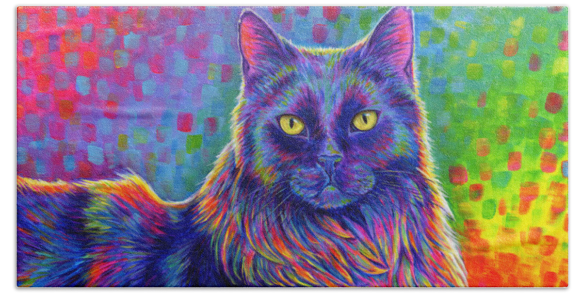 Cat Bath Towel featuring the painting Psychedelic Rainbow Black Cat - Felix by Rebecca Wang
