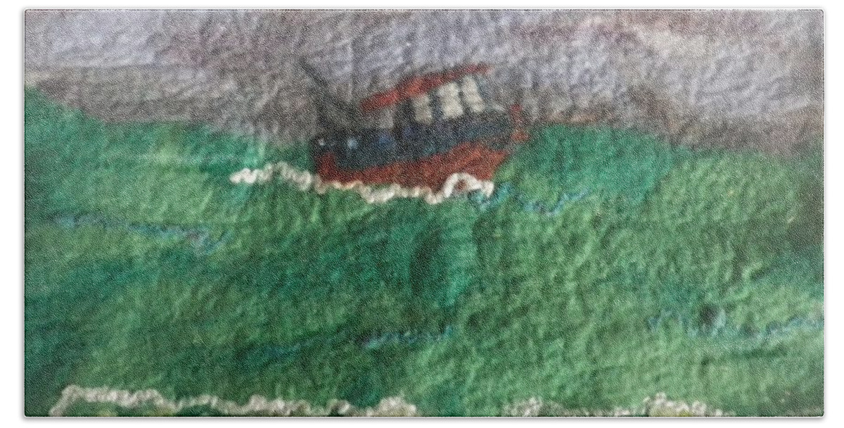 Material Bath Towel featuring the tapestry - textile Felt of the sea by Julie Grimshaw