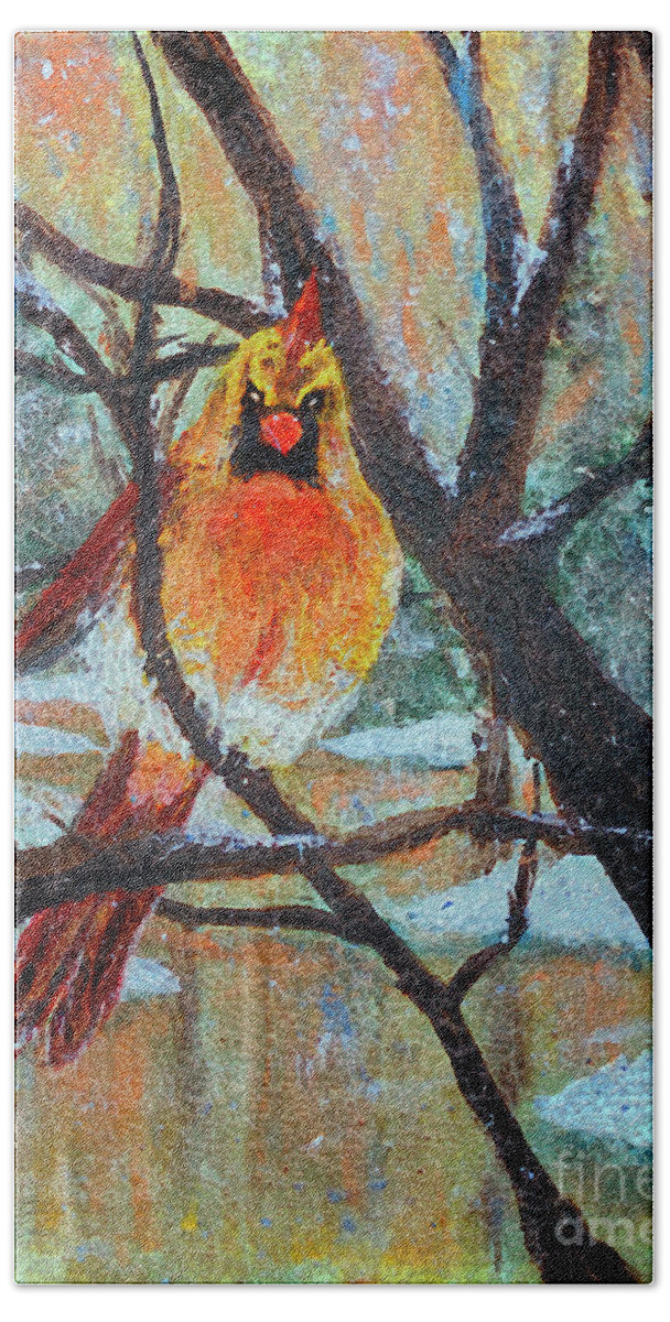 Ms. Cardinal Keeping Warm In A Snowstorm Hand Towel featuring the painting Female Cardinal keeping warm in a snowstorm by Bonnie Marie