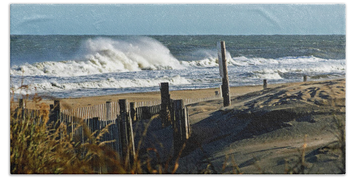 Fenwick Island Hand Towel featuring the photograph Fenwick Island Dunes and Waves Panorama by Bill Swartwout