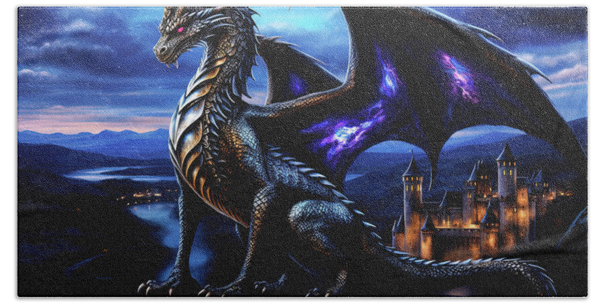 Fantasy Bath Towel featuring the painting Fernyiges, the Lord of Black Dragons - 07 by AM FineArtPrints