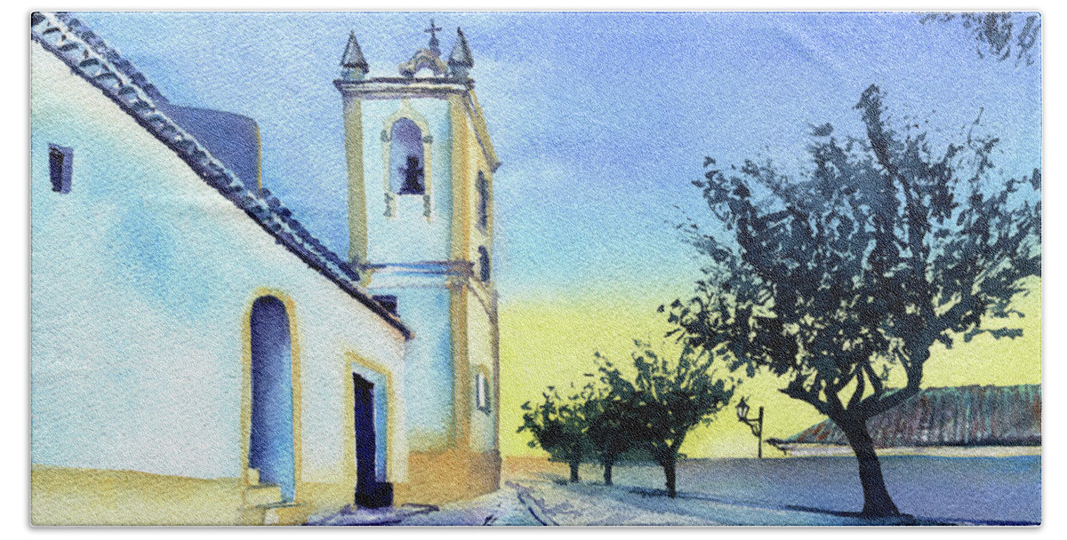 Portugal Bath Towel featuring the painting Ferragudo Church Algarve Portugal by Dora Hathazi Mendes