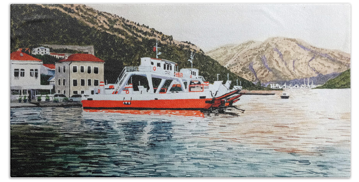 Boat Bath Towel featuring the painting Ferries Harbour in Kamenari Montenegro by Francisco Gutierrez