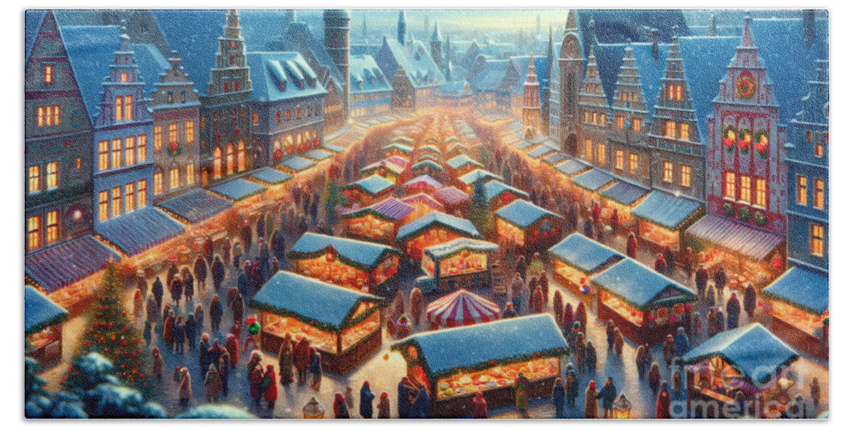 Christmas Hand Towel featuring the digital art Festive Christmas Market, A bustling Christmas market in a snowy European town by Jeff Creation