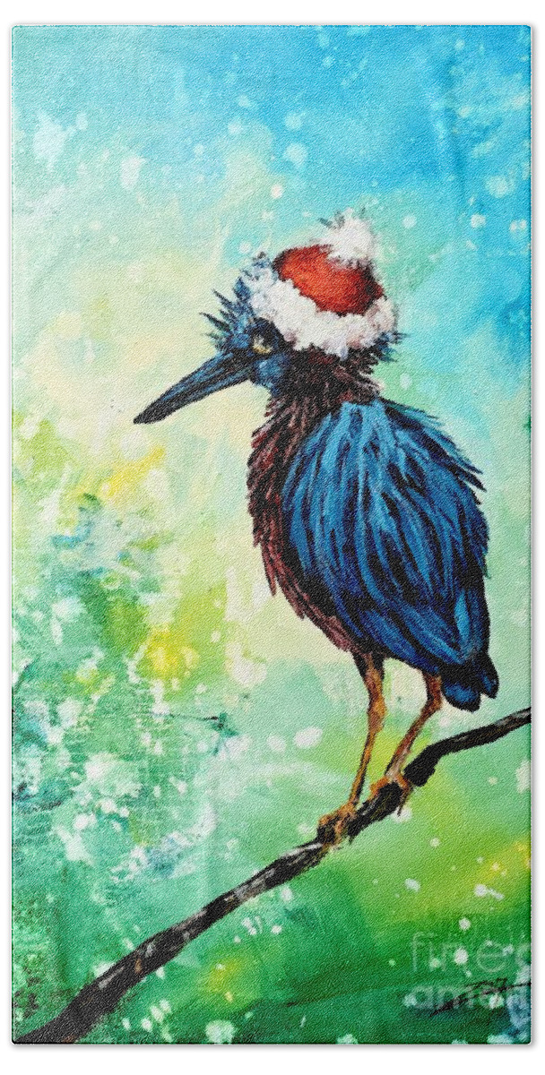 Heron Hand Towel featuring the painting Festive Winter Heron by Zan Savage