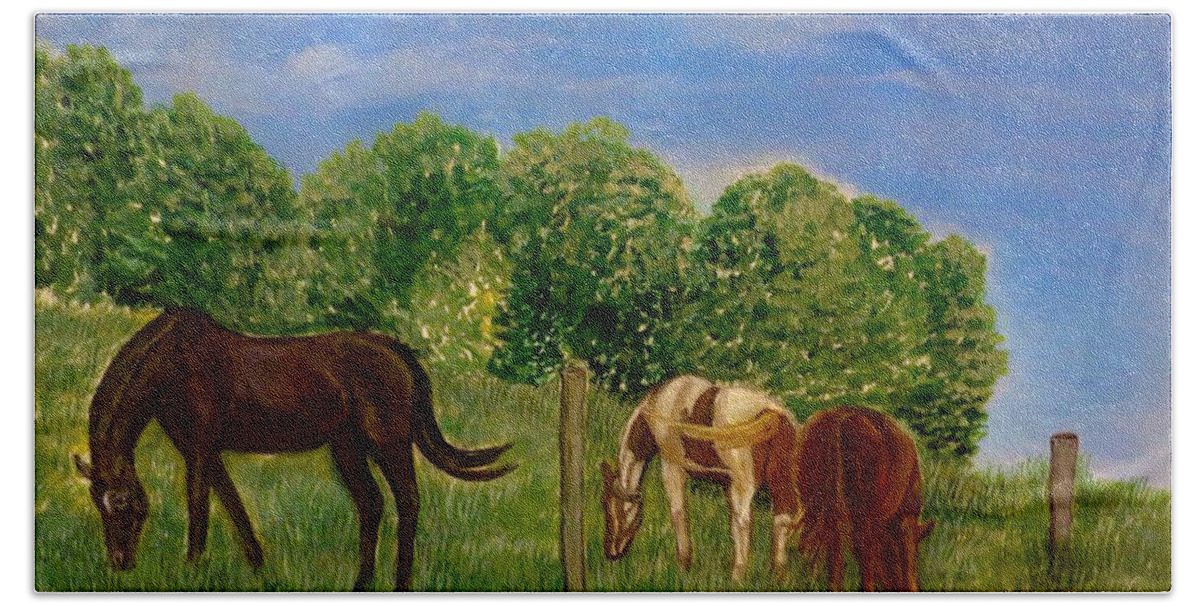 Bright Sunny Grassy Field Grasses Thoroughbred Stallion Horses Blount County Hand Towel featuring the painting Field of Horses' Dreams by Kimberlee Baxter
