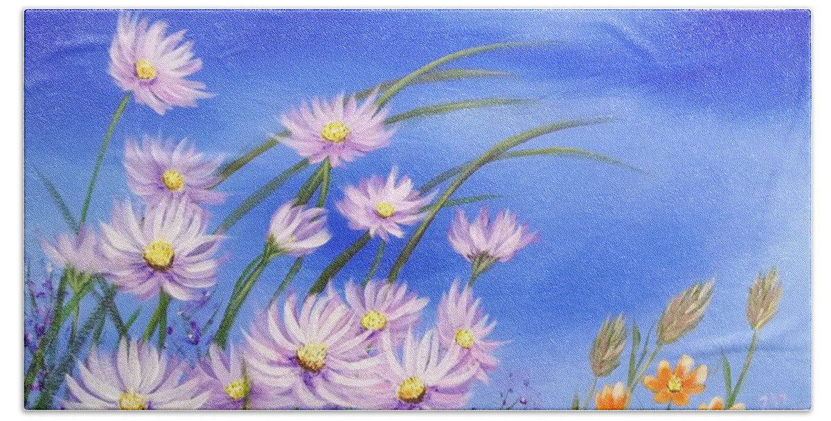 Daisy Bath Towel featuring the painting Field of Wildflowers 5 - Daisy Field by Helian Cornwell