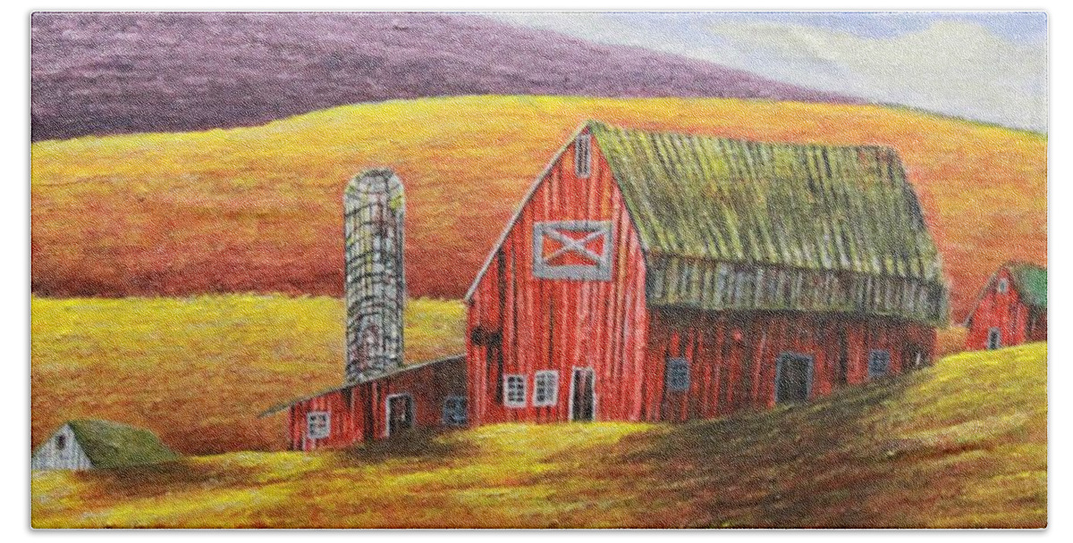 Barn Hand Towel featuring the painting Fields of Gold by Scott Sladoff