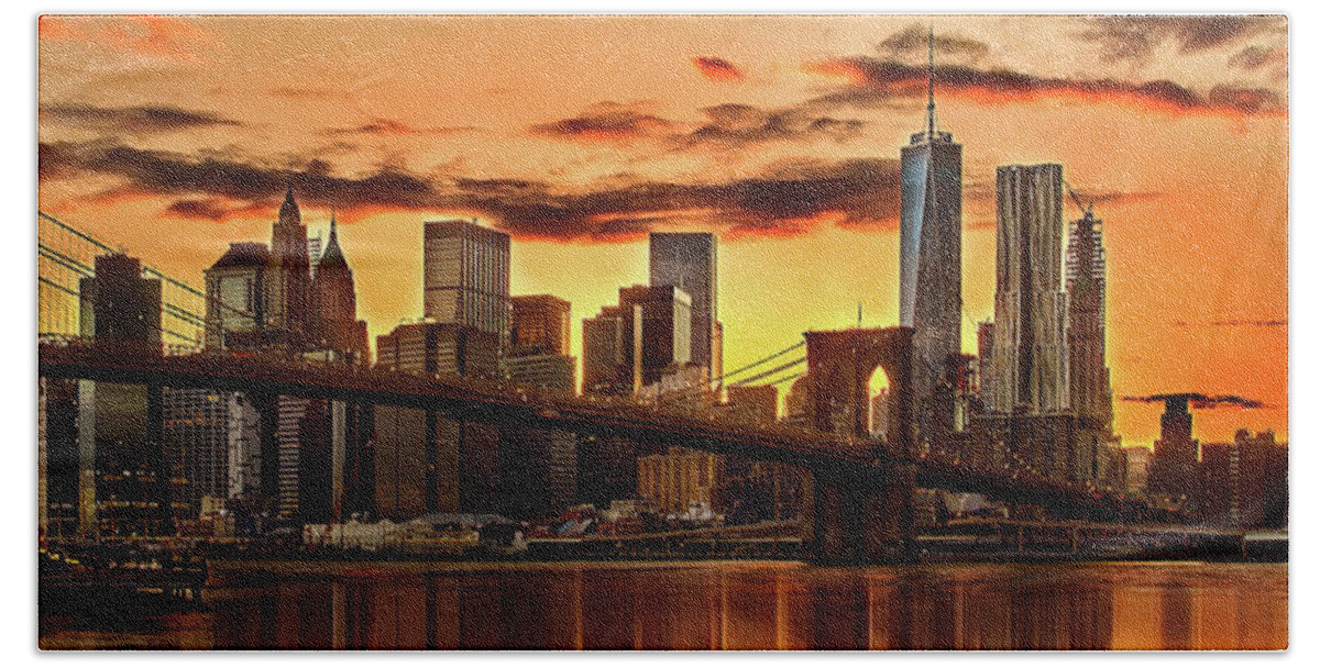 New York City Hand Towel featuring the photograph Fiery Sunset Over Manhattan by Az Jackson