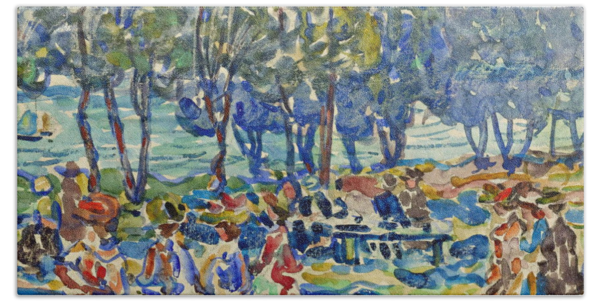 Figures In A Park Hand Towel featuring the painting Figures in a park by Maurice Prendergast