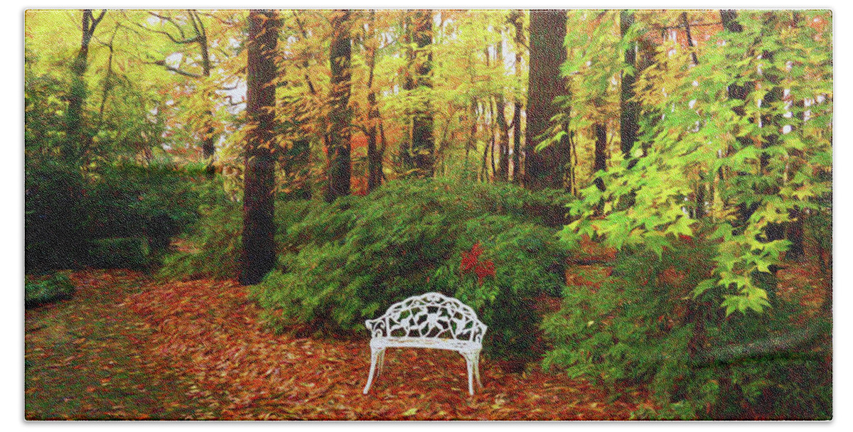 Bench Bath Towel featuring the photograph Find Your Peace in Autumn on a Bench by Ola Allen