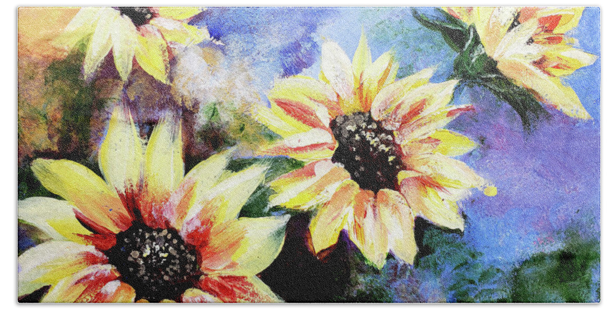 Helianthus Annuus Bath Towel featuring the painting Finding the Sun Flowers by Zan Savage