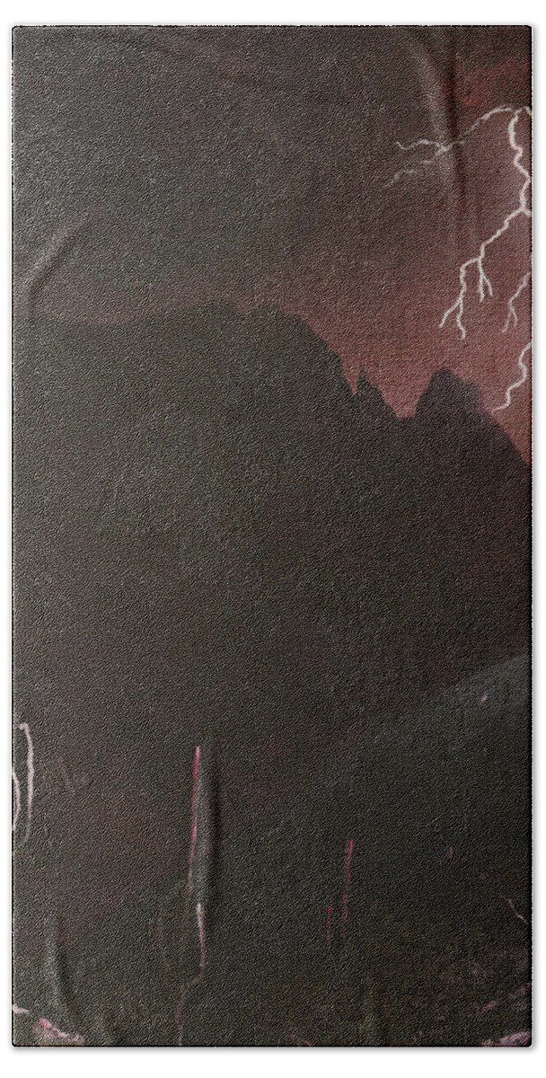Lightning Bath Towel featuring the painting Finger Rock Canyon Lightning Storm, Tucson by Chance Kafka