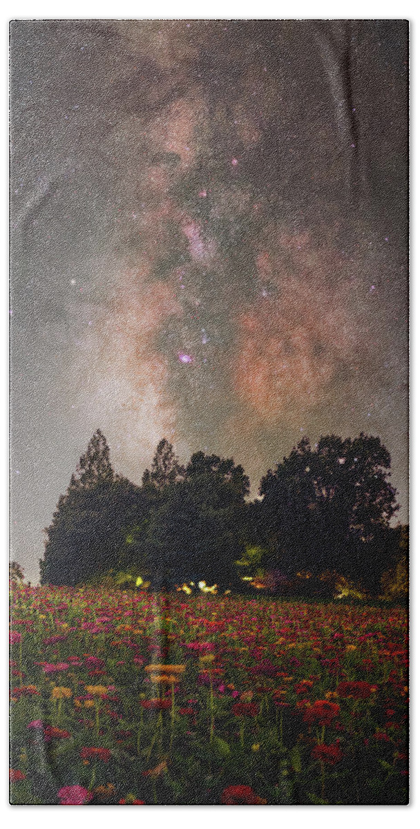 Nightscape Hand Towel featuring the photograph Fire and Flowers by Grant Twiss