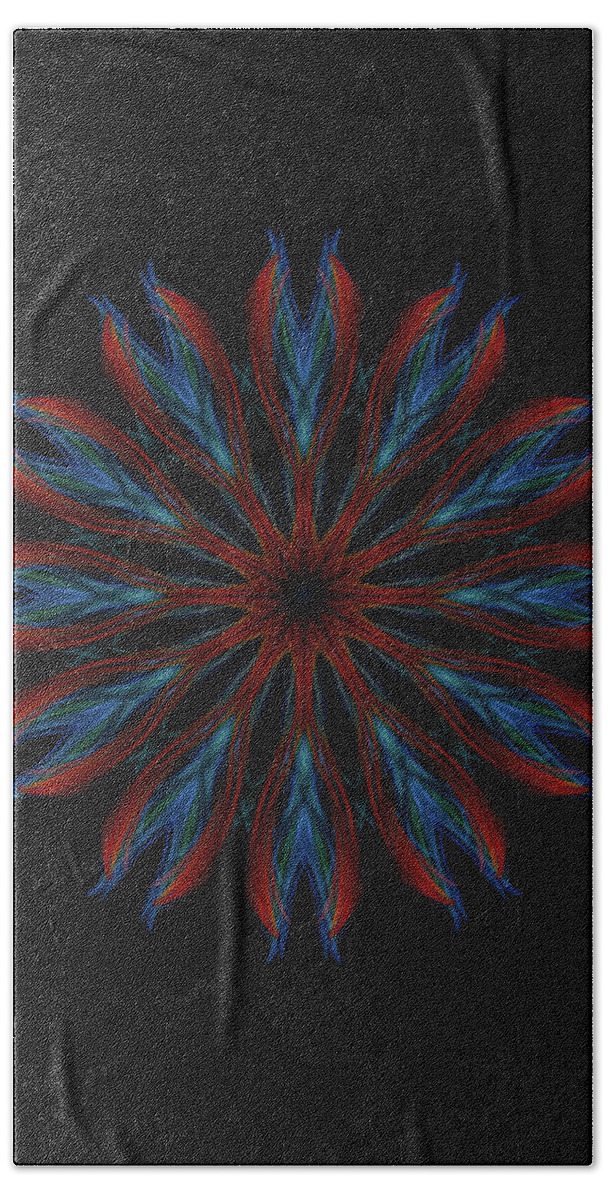 The Kosmic Fire And Ice Mandala Is A Beautiful And Intricate Design That Blends The Elements Of Fire And Ice Into A Stunning Symmetrical Pattern. The Design Features A Central Fire-like Circle Surrounded By A Ring Of Icy-blue Petals. The Petals Are Decorated With Intricate Designs That Evoke The Beauty Of Snowflakes Bath Towel featuring the digital art Fire and Ice Mandala by Michael Canteen