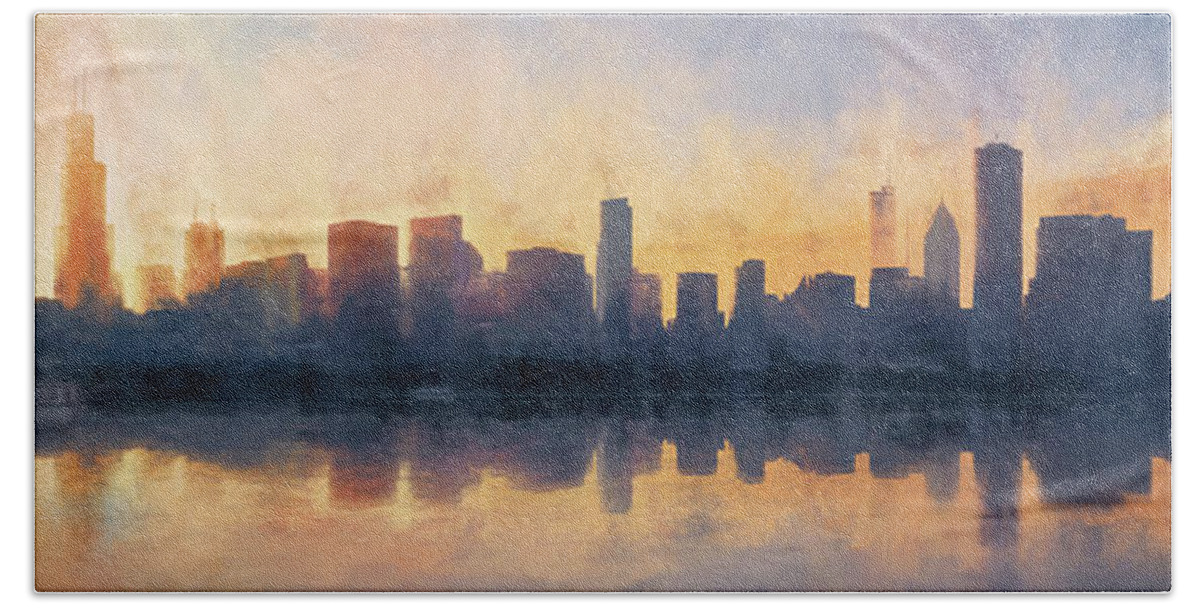 Chicago Hand Towel featuring the photograph Fire in the Sky Chicago at Sunset by Scott Norris