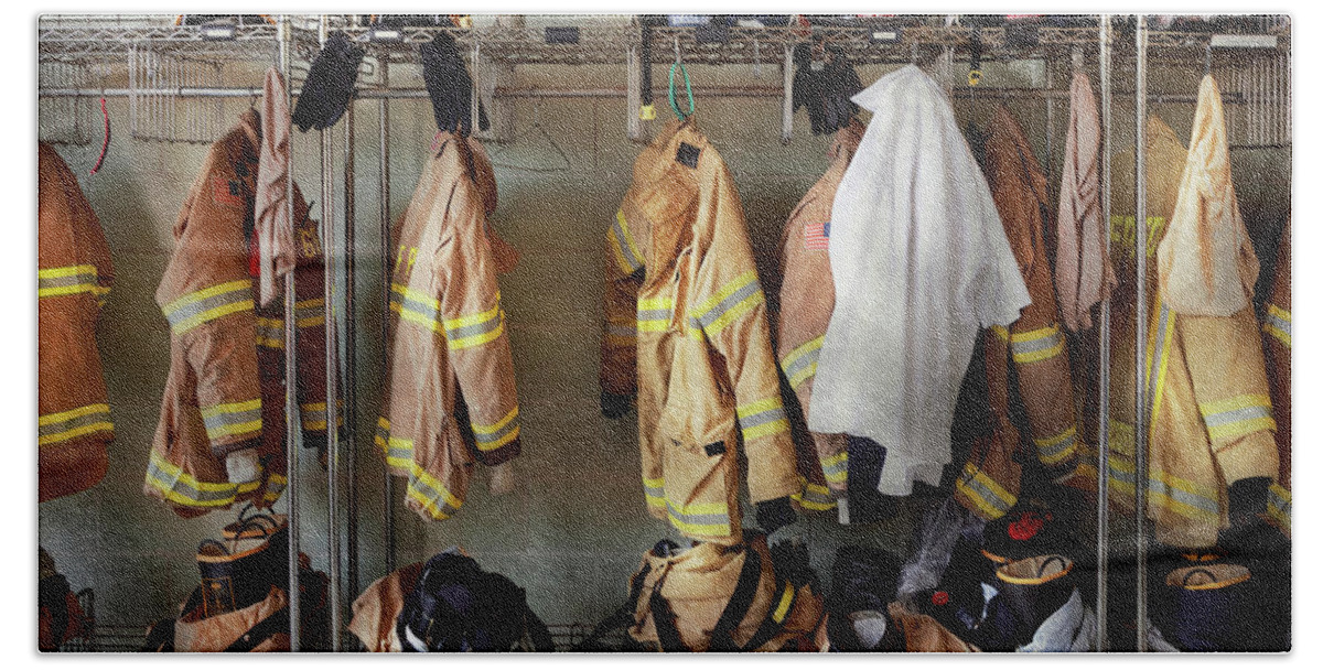 Fireman Art Bath Towel featuring the photograph Firemen - Fire proof by Mike Savad
