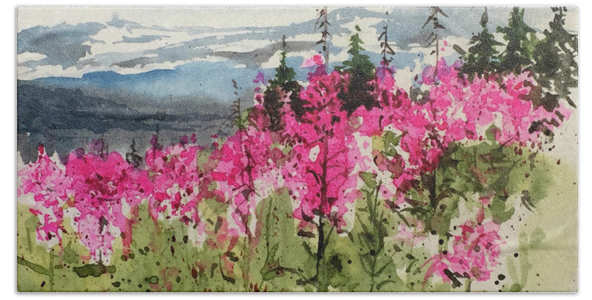 A Fireweed Covered Hill In Alaska. Hand Towel featuring the painting Fireweed by Monte Toon