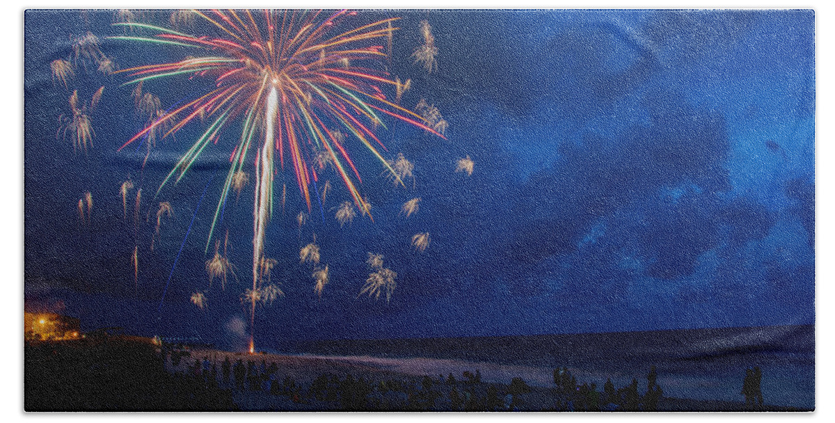 Fireworks Hand Towel featuring the photograph Fireworks by the Sea by WAZgriffin Digital