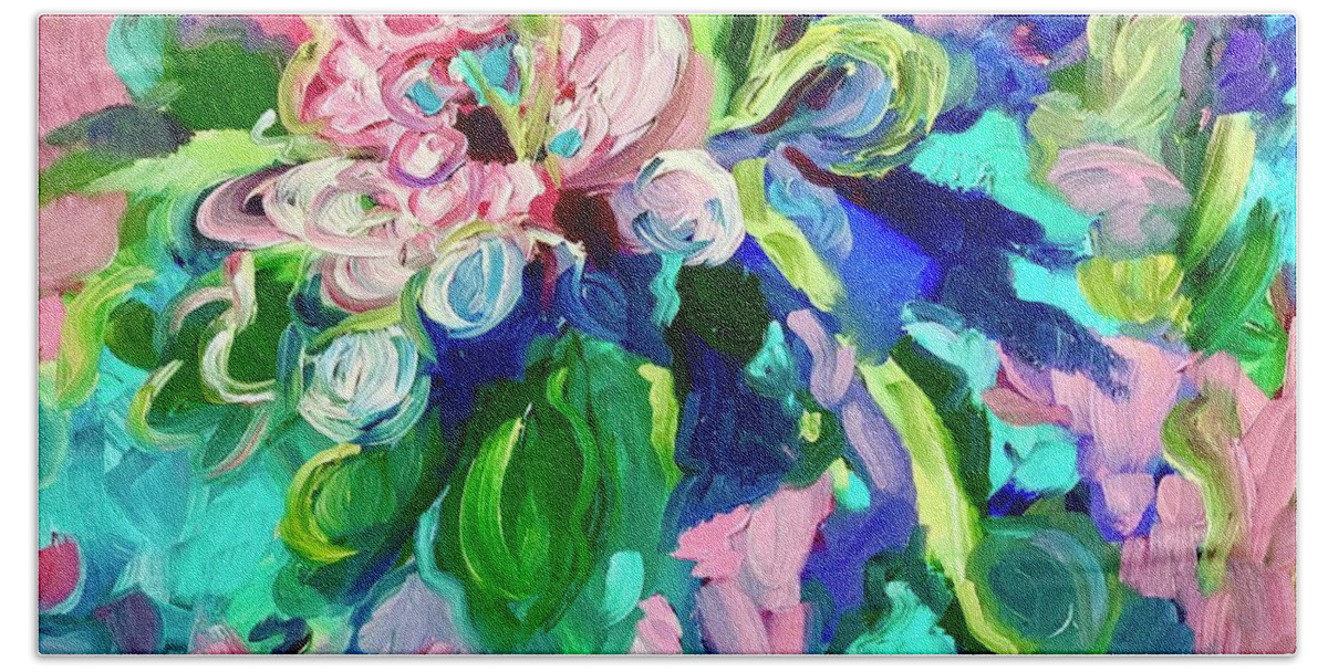 Abstract Floral Pink Blue Flowers Aqua Bath Towel featuring the painting First Bloom by Patsy Walton
