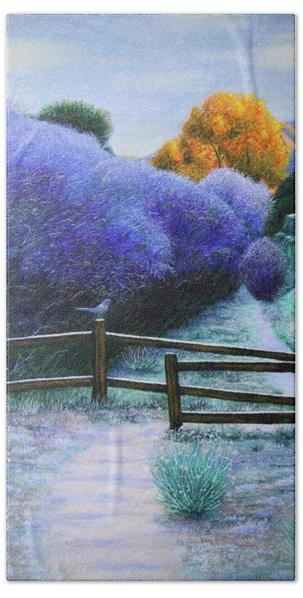 Kim Mcclinton Bath Towel featuring the painting First Frost on the Mesquite Trail by Kim McClinton