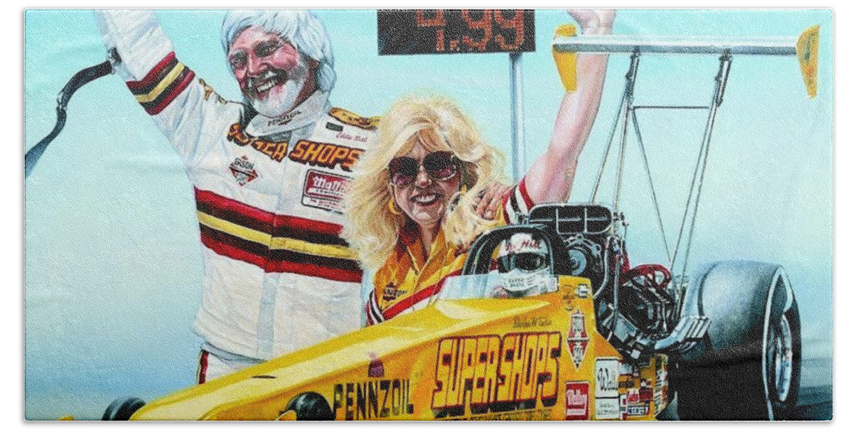 Drag Racing Nhra Top Fuel Funny Car John Force Kenny Youngblood Nitro Champion March Meet Images Image Race Track Fuel Eddie Hill Ercie Hand Towel featuring the painting First In The Fours by Kenny Youngblood