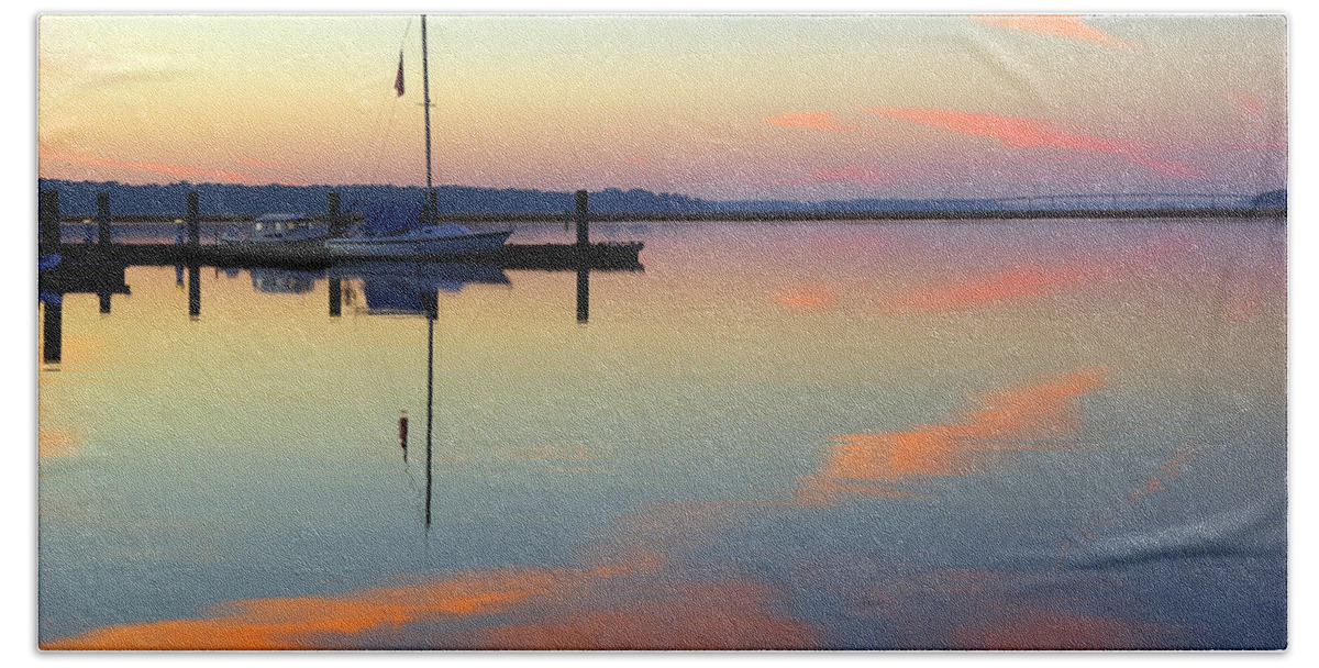 Beaufort Bath Towel featuring the photograph Sailboat at First Light - Mirror like still harbor waters in Beaufort, South Carolina by Kenneth Lane Smith