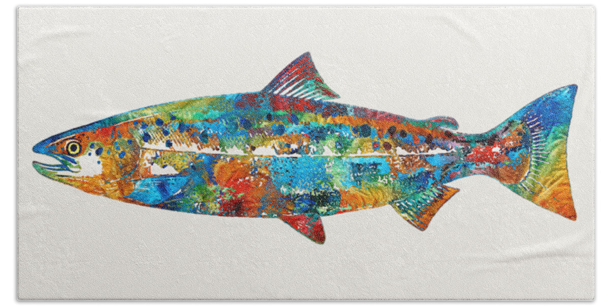 Salmon Hand Towel featuring the painting Fish Art Print - Colorful Salmon - By Sharon Cummings by Sharon Cummings