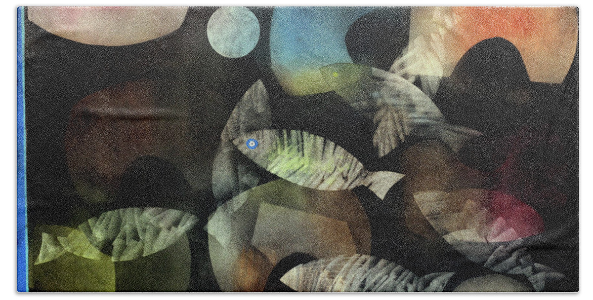 Abstract Bath Towel featuring the painting Fish Moon by Winston Saoli 1950-1995