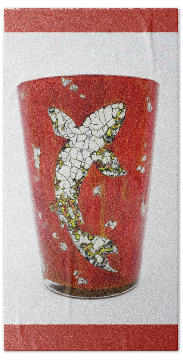 Fish Hand Towel featuring the glass art Fish on Red Vase by Christopher Schranck