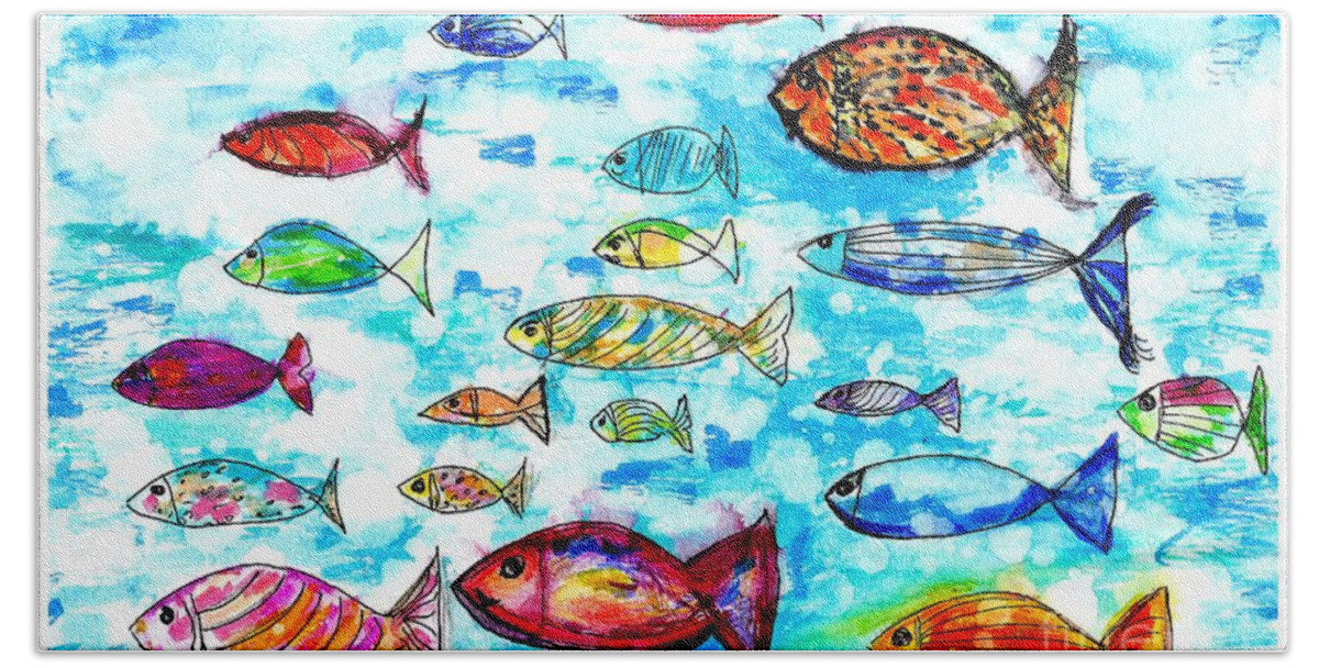 Fish Hand Towel featuring the painting Fishing Around by Ramona Matei