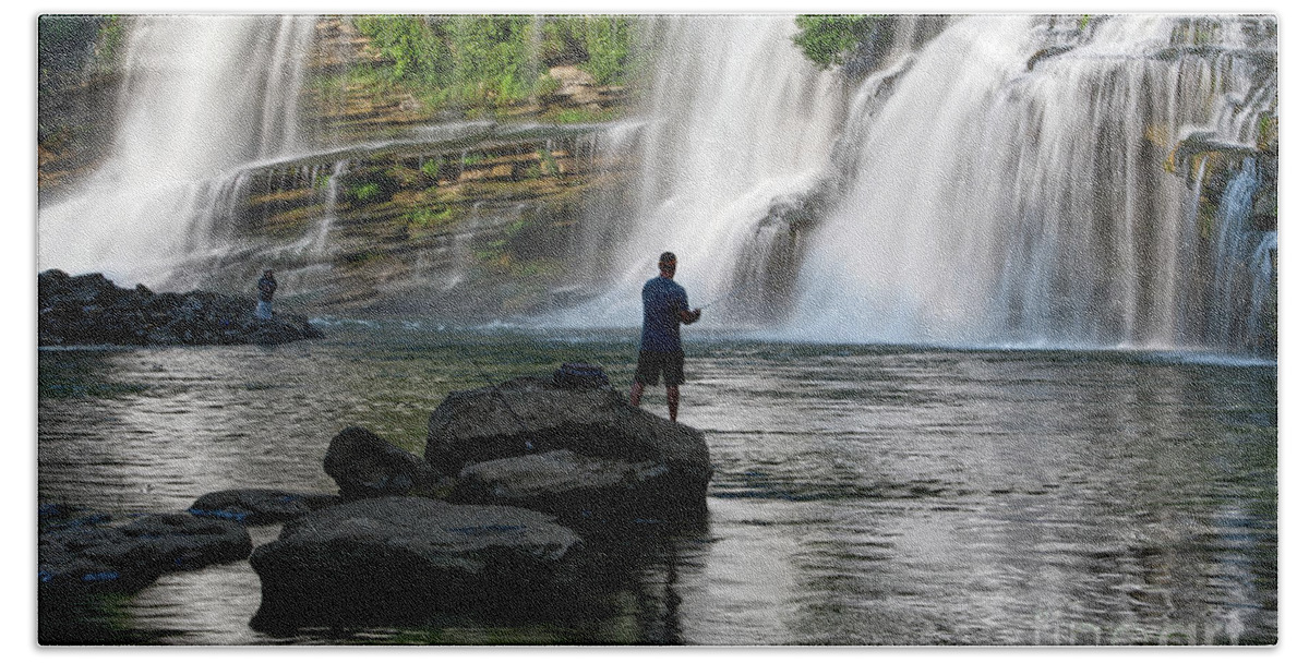 Rock Island State Park. Twin Falls Bath Towel featuring the photograph Fishing At Twin Falls 2 by Phil Perkins