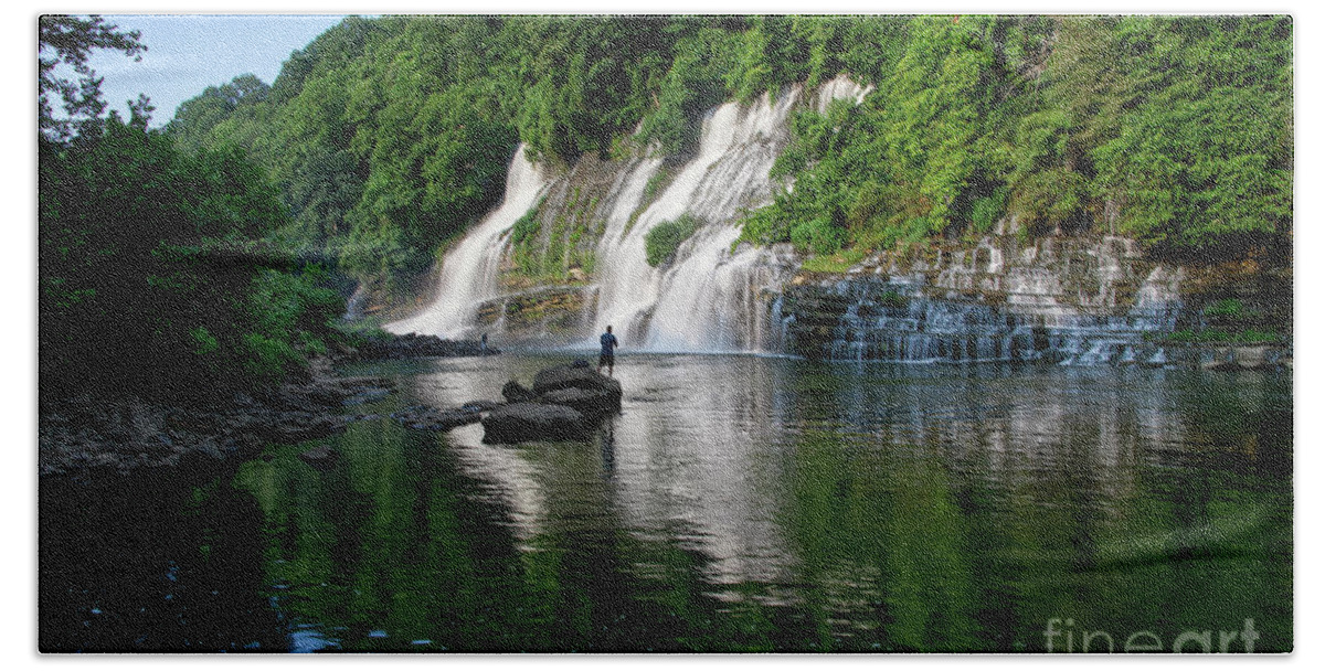 Rock Island State Park. Twin Falls Bath Towel featuring the photograph Fishing At Twin Falls by Phil Perkins
