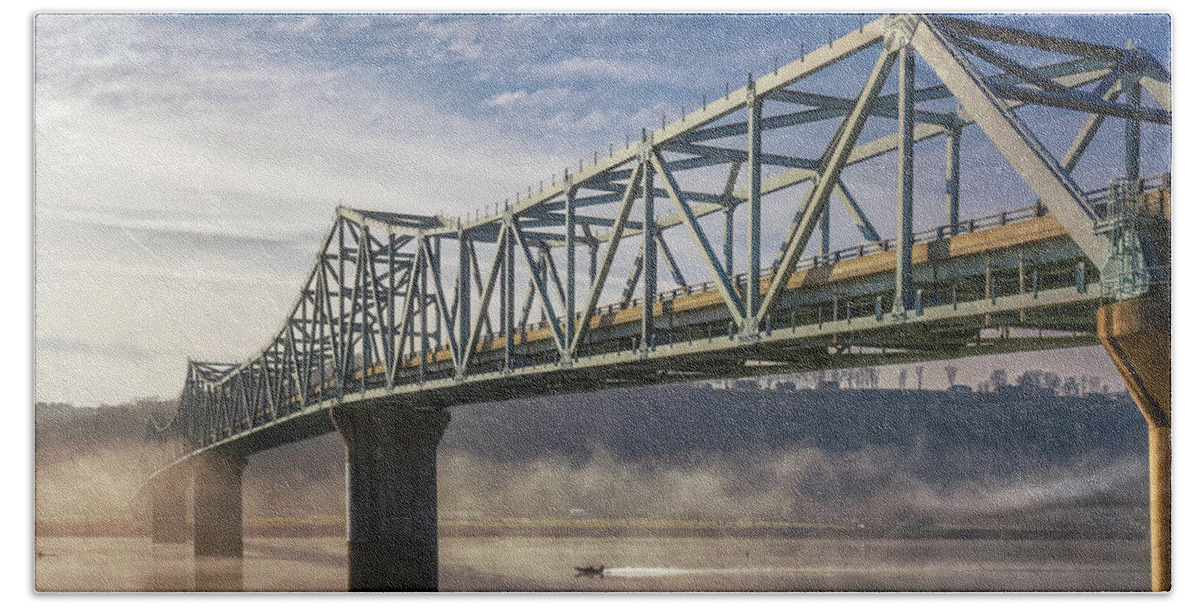 Bridge Bath Towel featuring the photograph Fishing Boat on the Foggy Ohio River by Susan Rissi Tregoning