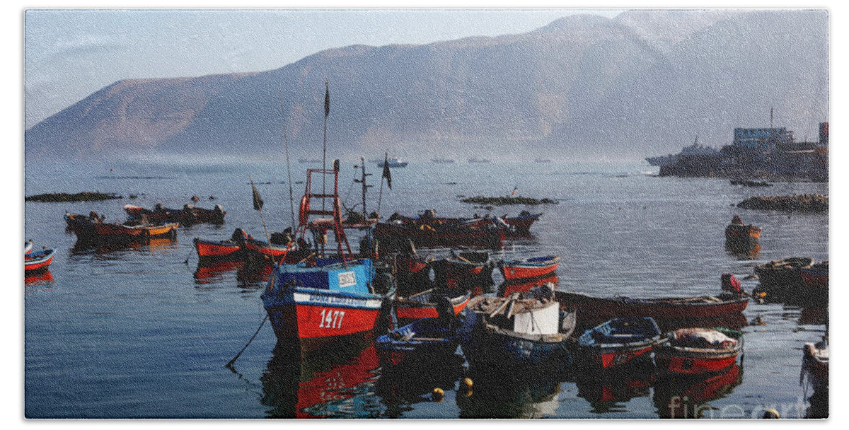 Fishing boats in harbour Iquique Chile Bath Towel by James Brunker - Pixels
