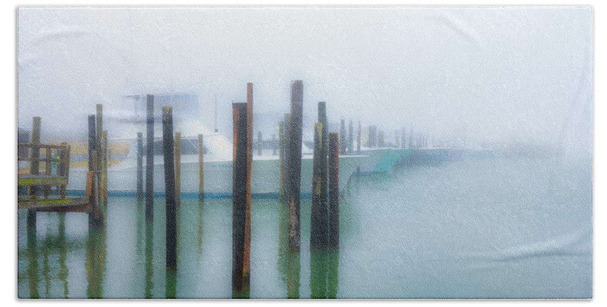 North Carolina Hand Towel featuring the photograph Fishing Boats in Morning Fog Horiz LS by Dan Carmichael