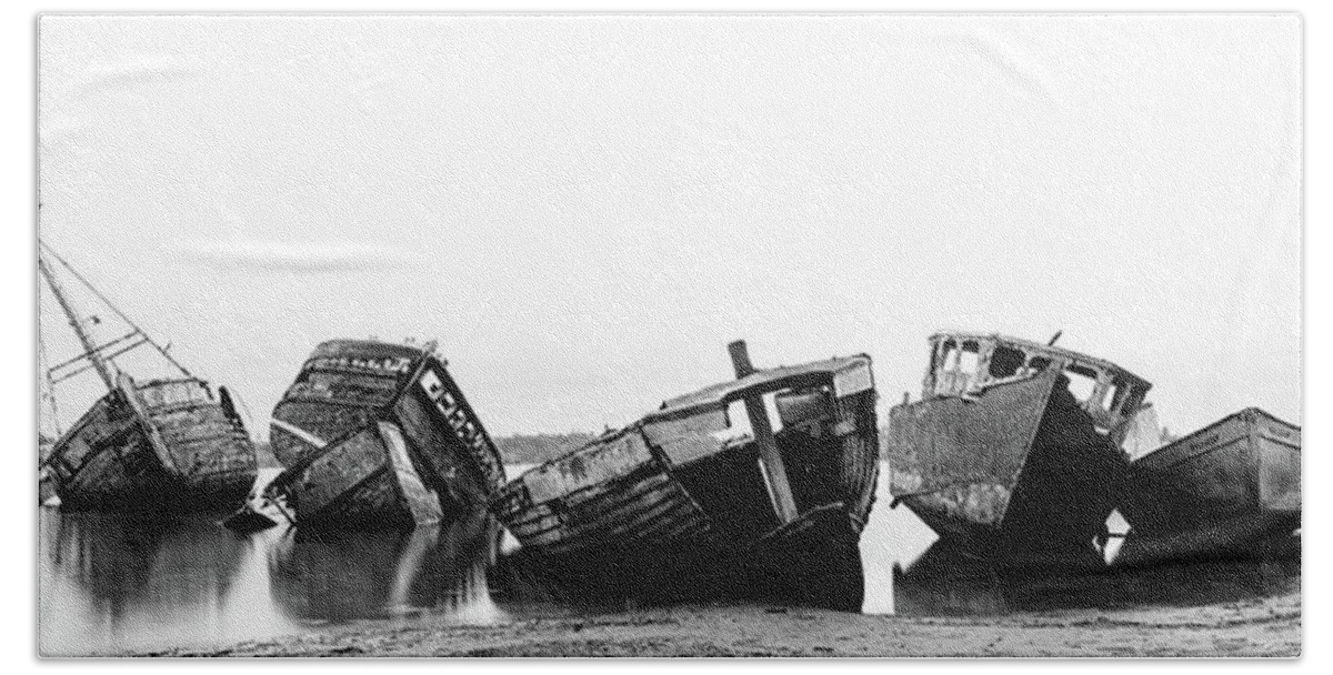 Panorama Bath Towel featuring the photograph Fishing Boats Shipwrecks Black and white by Sonny Ryse