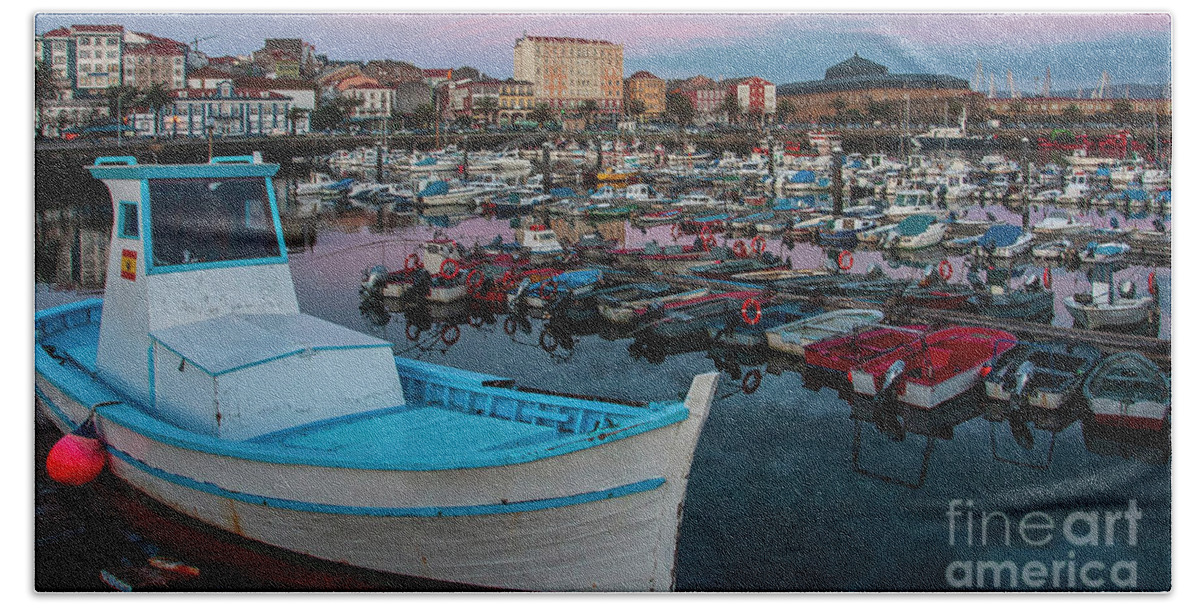 Architecture Bath Towel featuring the photograph Fishing Port of Ferrol by Night Blue and magenta Sky La Corua by Pablo Avanzini