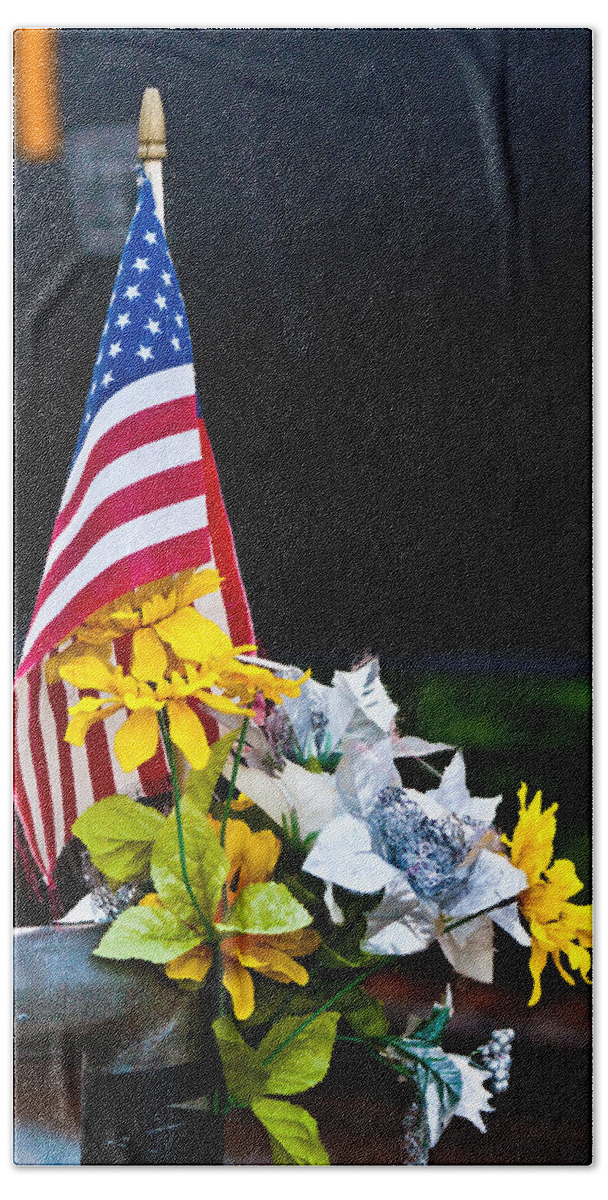 American Flag Hand Towel featuring the photograph Flag, Flowers, and Freight Train by Steve Ember